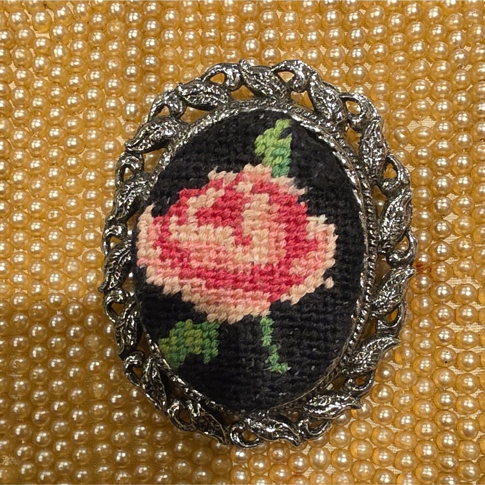 Vintage Heavy Oval Floral Needlepoint Embroidered Brooch Pin SilverTone Filigree